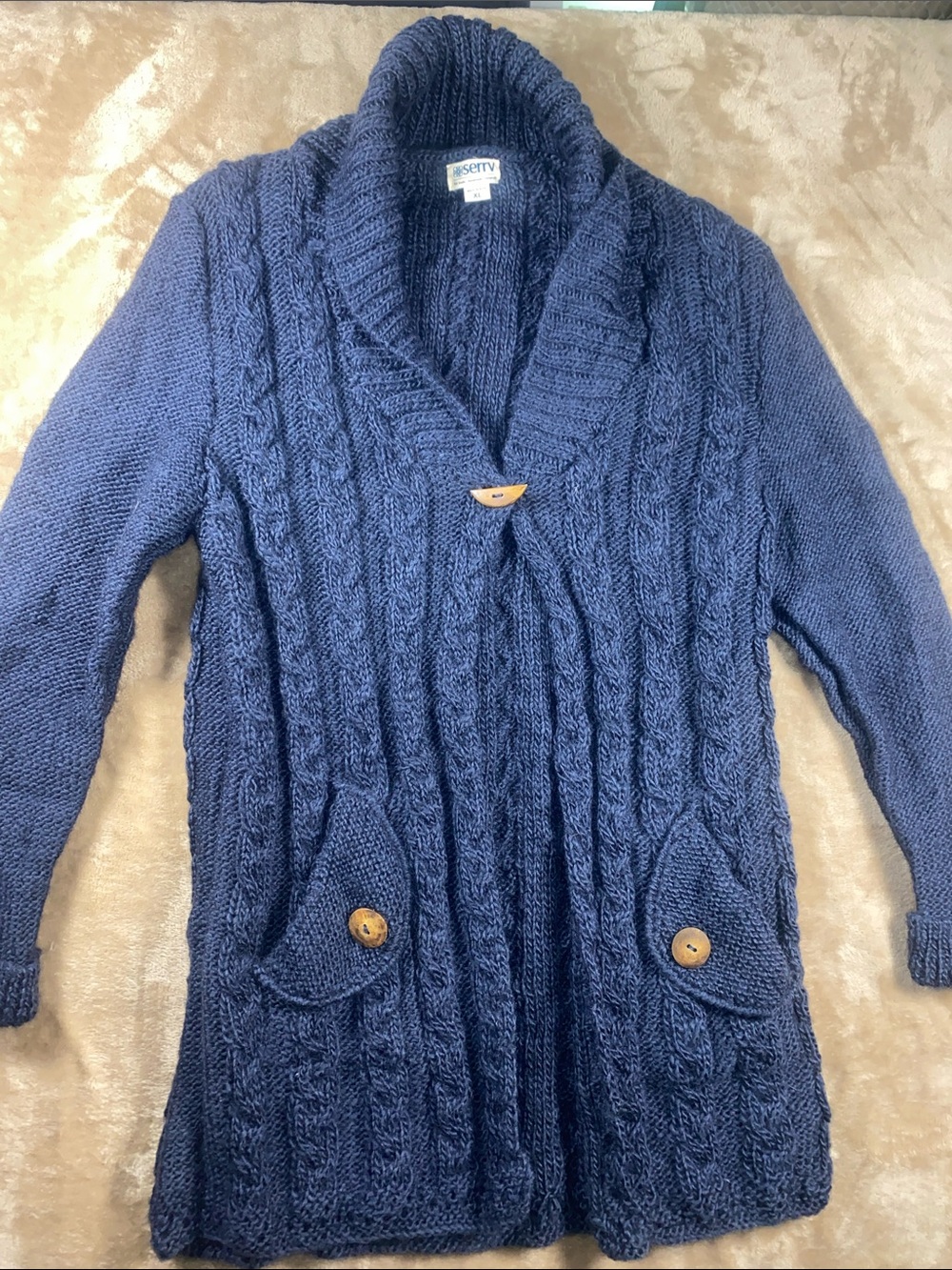 Vintage Wool Cable-Knit Shawl Collar Cardigan Sweater with wood buttons